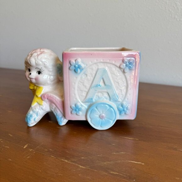 Pink and Blue Ceramic Lamb Planter, Baby Room Decor - Picture 5 of 8